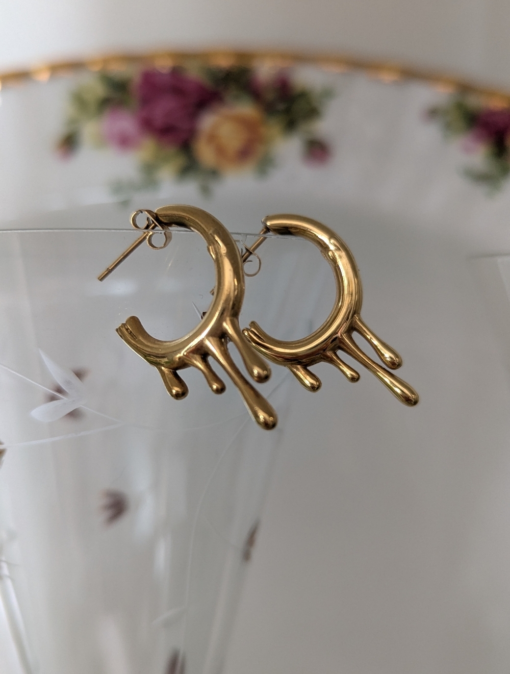 Brass Gold Drippy Hoop Earrings - Post Back Women Jewelry Whimsygoth Drip